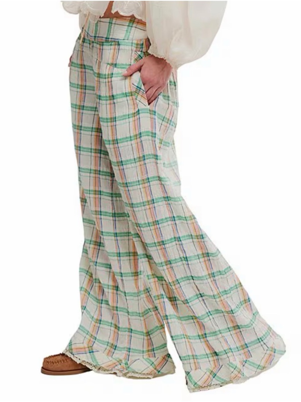 Free People Cream Plaid Wide-Leg Ruffle Trim Pants 🔥 Size M